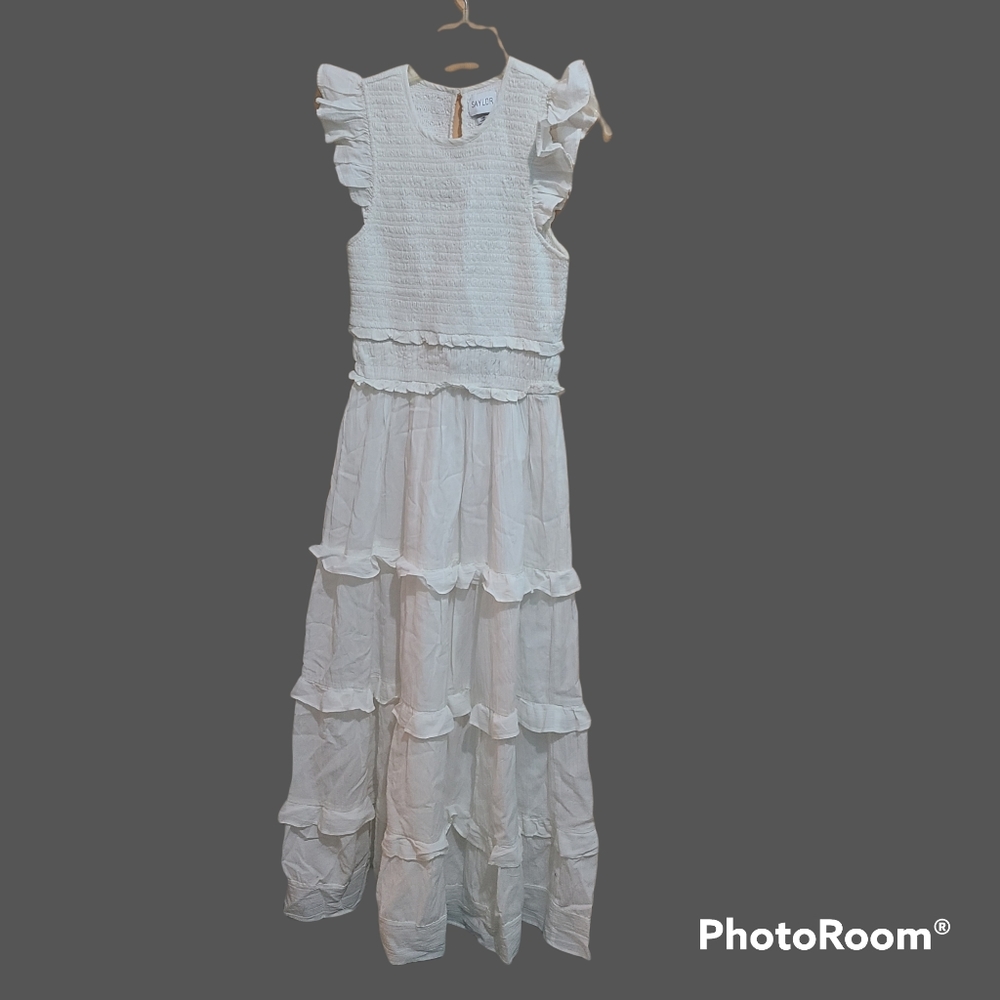 Saylor - Revolve white Shirred tiered ruffle capped sleeves maxi dress s…